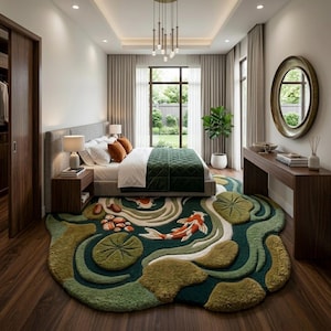 Puede incluir: Un dormitorio con una alfombra &uacute;nica con un dise&ntilde;o de estanque de carpas koi. La alfombra es verde, blanca y naranja, con un patr&oacute;n de peces koi, nen&uacute;fares y agua corriente. La habitaci&oacute;n tiene una cama con un edred&oacute;n verde, una c&oacute;moda de madera y una ventana grande.