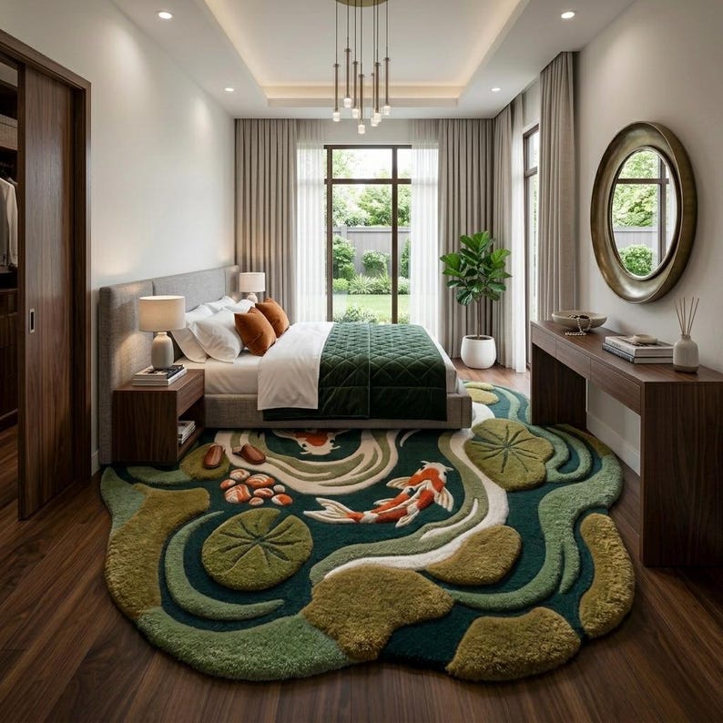 Puede incluir: Un dormitorio con una alfombra &uacute;nica con un dise&ntilde;o de estanque de carpas koi. La alfombra es verde, blanca y naranja, con un patr&oacute;n de peces koi, nen&uacute;fares y agua corriente. La habitaci&oacute;n tiene una cama con un edred&oacute;n verde, una c&oacute;moda de madera y una ventana grande.