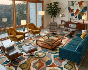 Alfombra geométrica de lana de estilo moderno de mediados de siglo - Verde azulado, dorado, naranja quemado
