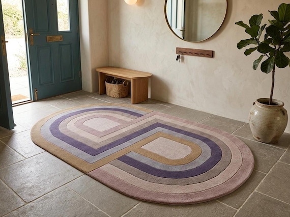 Handtufted Rug, Oval Geometric Arch Design, Purple and Tan Carved Relief