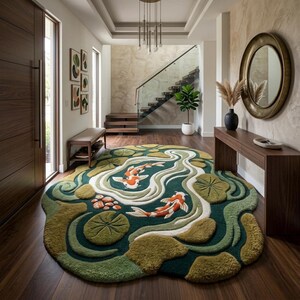 Puede incluir: Una alfombra redonda con un dise&ntilde;o de estanque de carpas koi. La alfombra tiene una base verde oscuro con un r&iacute;o sinuoso de color blanco y verde claro. Dos peces koi naranjas y blancos nadan entre nen&uacute;fares. La alfombra tiene unos 213 cm de di&aacute;metro.