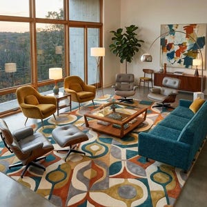 Mid Century Modern Geometric Rug, Hand Tufted Wool for Living Rooms, Teal Gold and Burnt Orange