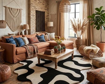 Black and Cream Abstract Wavy Irregular Shape Rug, Mid-Century Modern Boho Area Rug, Statement Organic Floor Art