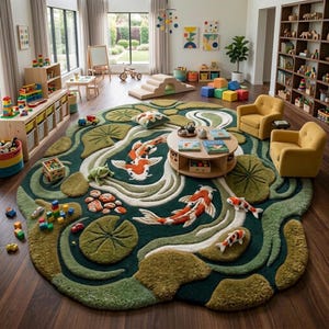 Alfombra 3D con diseño de estanque de carpas koi / Alfombra irregular de pelo alto y felpa con diseño de nenúfares y peces / Alfombra llamativa tejida a mano para sala de estar o sala de juegos. imagen 9