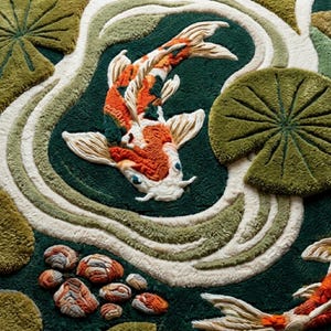 Puede incluir: Una alfombra detallada con un dise&ntilde;o de carpa koi. El pez es naranja, blanco y negro, sobre un fondo verde oscuro con nen&uacute;fares y piedras. La alfombra tiene una apariencia texturizada y tridimensional.