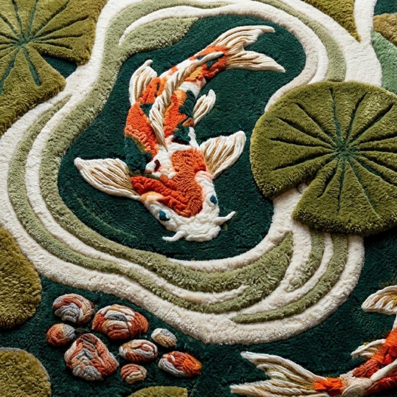 Puede incluir: Una alfombra detallada con un dise&ntilde;o de carpa koi. El pez es naranja, blanco y negro, sobre un fondo verde oscuro con nen&uacute;fares y piedras. La alfombra tiene una apariencia texturizada y tridimensional.