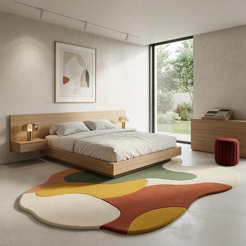 Handmade Mid-Century Organic Shape Rug - Terracotta, Olive, Yellow image 2