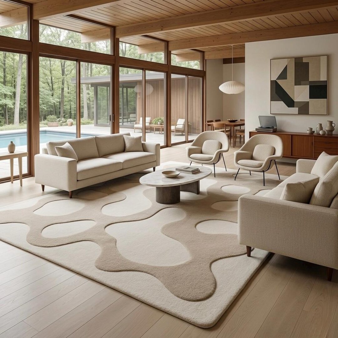 Modern Beige Sculpted Area Rug - Organic Abstract Pattern - Mid-century ...