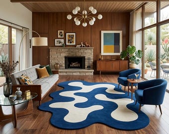 Blue & Cream Wavy Abstract Irregular Shape Area Rug | Modern Hand-Tufted | MCM Decor.