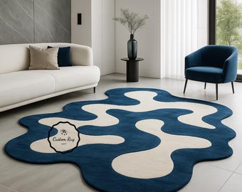 Navy Blue and Ivory Modern Irregular Hand Tufted Abstract Rug for Living room, Bedroom, contemporary handmade wool rugs 8x10,9x12,10x14.