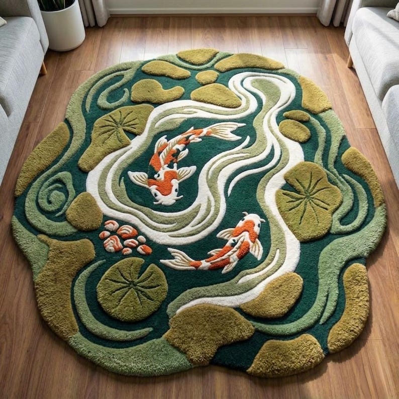 Puede incluir: Una alfombra verde ovalada con un dise&ntilde;o de estanque de carpas koi. La alfombra presenta dos carpas koi naranjas y blancas nadando en un estanque con nen&uacute;fares y rocas. La alfombra est&aacute; hecha de un material suave y afelpado.