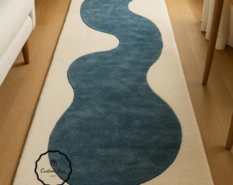 Hand Tufted Runner Rug | White and Blue 100%  Soft Wool Rug Handmade Area Carpet for Living Room & Kids Room Entryway 2.6 x6,2.6 x 8,2.6x10.