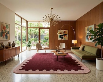 Burgundy and Pink Area Rug, Hand Tufted Wool, Wavy Edge Design