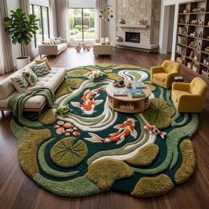 Puede incluir: Una alfombra redonda grande con un dise&ntilde;o de estanque de carpas koi. La alfombra presenta un fondo verde oscuro con detalles blancos y verde claro, que representan carpas koi, nen&uacute;fares y otros elementos del estanque. La alfombra est&aacute; en un sal&oacute;n.