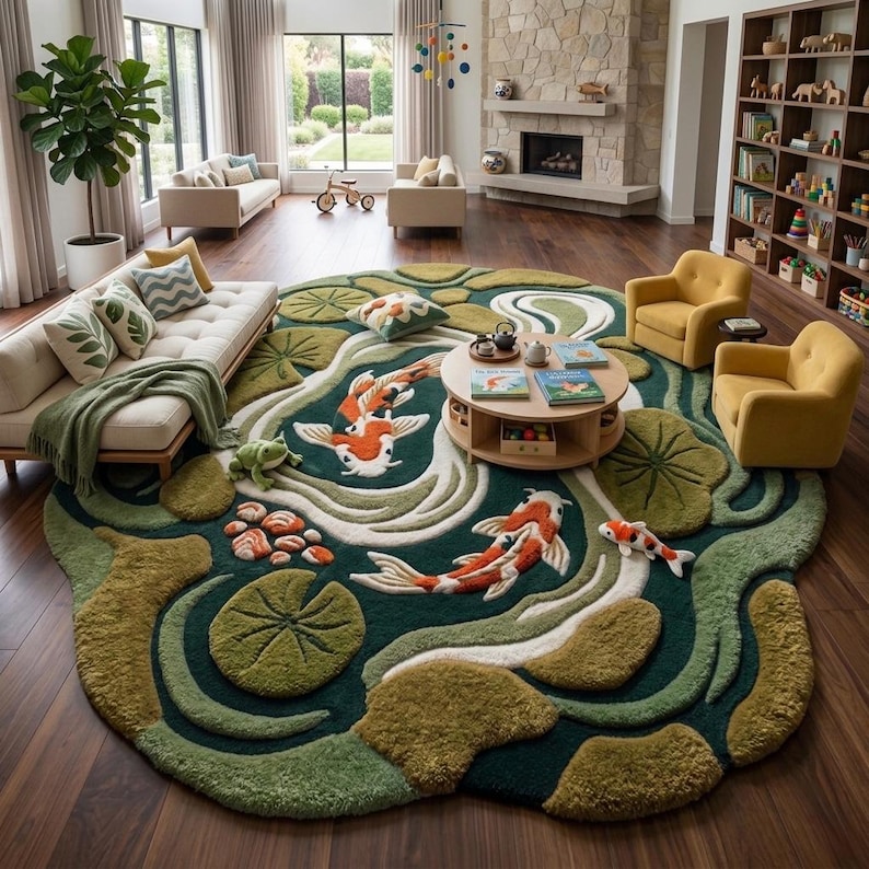 Puede incluir: Una alfombra redonda grande con un dise&ntilde;o de estanque de carpas koi. La alfombra presenta un fondo verde oscuro con detalles blancos y verde claro, que representan carpas koi, nen&uacute;fares y otros elementos del estanque. La alfombra est&aacute; en un sal&oacute;n.