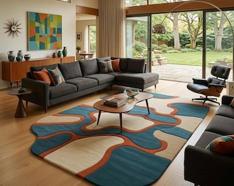 Mid Century Modern Abstract Rug, Teal and Orange Kidney Shape, Retro Living Room Decor