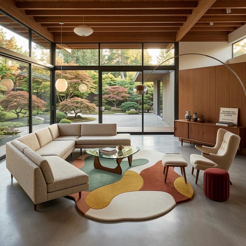 Handmade Mid-Century Organic Shape Rug - Terracotta, Olive, Yellow image 9