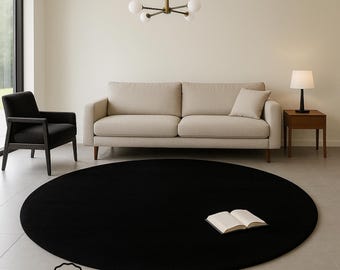 Modern Black Wool Round Rug – Minimalist Living Room Carpet