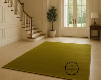 Handmade Olive Green Wool Rug, Minimalist Modern Style, Custom Sizes