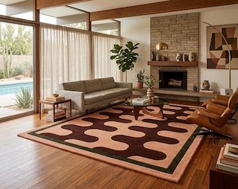 Mid Century Modern Wavy Rug, Pink Brown Geometric Area Rug, Retro Decor