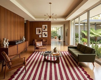 Burgundy Striped Area Rug, Mid-Century Living Room Decor, Hand-Tufted Wool with Scalloped Edge