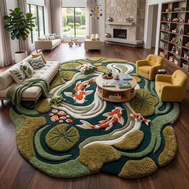 Puede incluir: Una alfombra redonda grande con un dise&ntilde;o de estanque de carpas koi. La alfombra presenta un fondo verde oscuro con nen&uacute;fares verdes m&aacute;s claros y corrientes de agua blancas. Se muestran prominentemente dos carpas koi naranjas y blancas, junto con una rana y otros elementos del estanque.