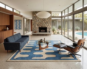 Mid century rug, Blue and cream wave design for living rooms, 8x10 wool blend floor decor