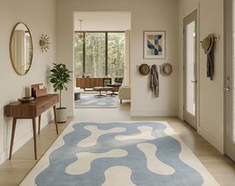Blue & Cream Wavy Abstract Hand-Tufted Rug - Mid Century Modern