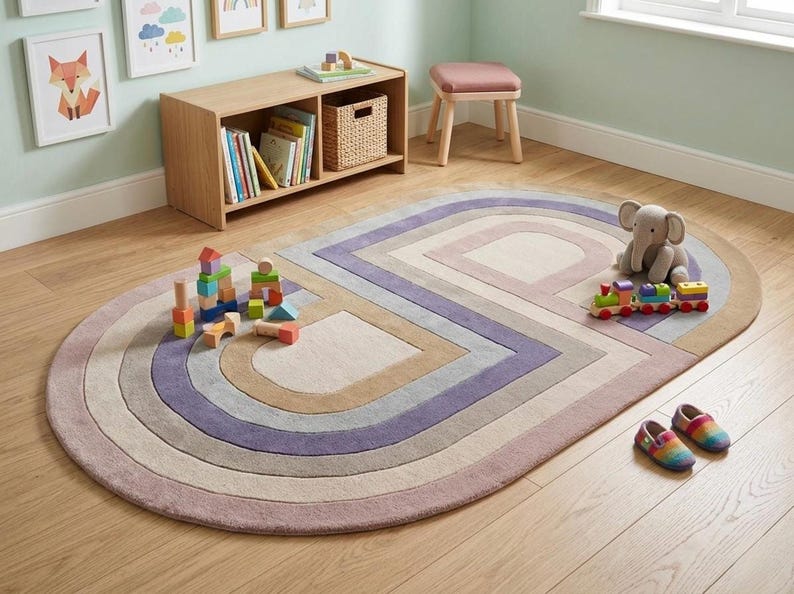 Playroom corner with toys on modern oval area rug, soft hand tufted wool, lavender mauve colorful area rug
