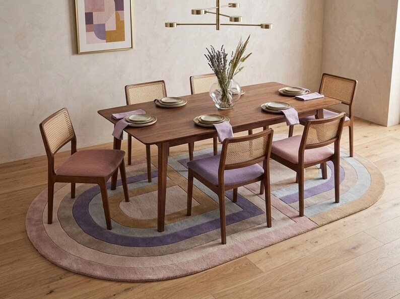 Dining table set on modern oval area rug, hand carved relief arches in lavender, tan, and mauve tones
