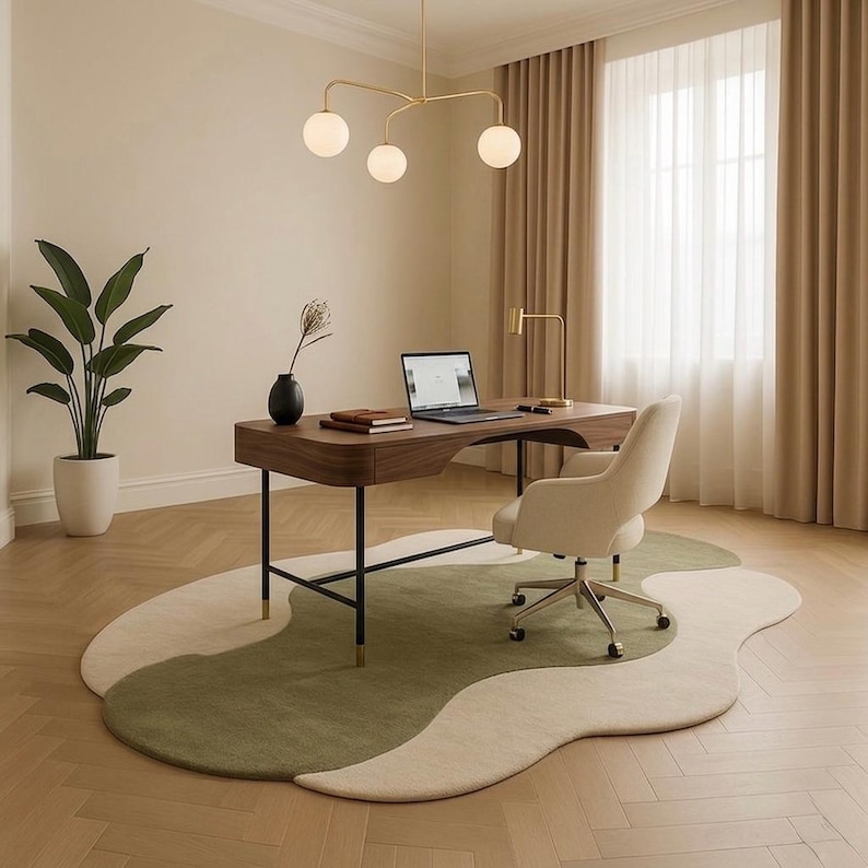 May include: A modern home office setup featuring a wooden desk with a laptop, a beige office chair, and a unique area rug with green and beige sections. A gold-toned light fixture hangs above the desk, and a potted plant is in the corner.
