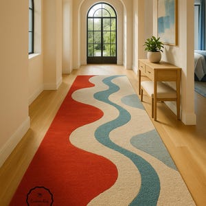 Hand Tufted Wool Runner Rug: Colorful Marden Design, Red & Beige