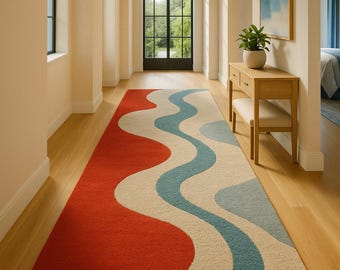 Hand Tufted Runner Rug – Colorful 100% Wool, Marden Design | Handmade Area Carpet for Living Room & Kids Room\ Custom rug - Red and Beige.