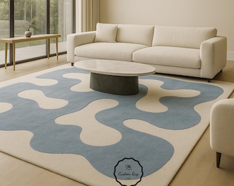 9x12 Light Blue and Ivory Modern Soft Wool Hand Tufted Abstract Rug for Living room Bedroom contemporary handmade wool rug 8x10,9x12,10x14.