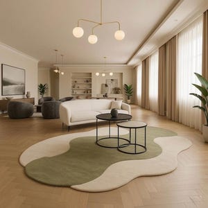 May include: A modern living room with a cream-colored sofa, two black round coffee tables, and a unique rug with green and cream wave-like patterns. The room features large windows with beige curtains and a gold chandelier.