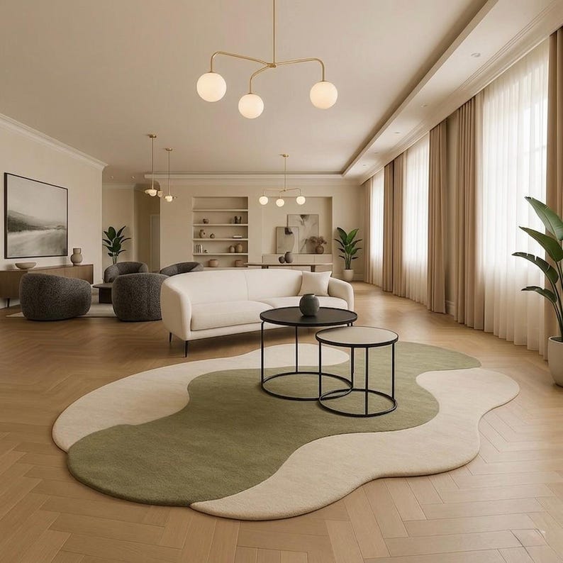 May include: A modern living room with a cream-colored sofa, two black round coffee tables, and a unique rug with green and cream wave-like patterns. The room features large windows with beige curtains and a gold chandelier.