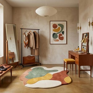 Handmade Mid-Century Organic Shape Rug - Terracotta, Olive, Yellow image 3