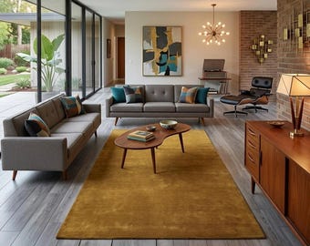 Mustard Rug, Mid Century Modern Decor, Soft Wool Floor Accent