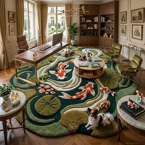 Puede incluir: Un lujoso espacio de oficina con una gran alfombra redonda con un dise&ntilde;o de estanque de carpas koi. La alfombra es predominantemente verde con detalladas carpas koi en tonos naranja y blanco. La habitaci&oacute;n incluye un escritorio de madera, sillas y un perro.