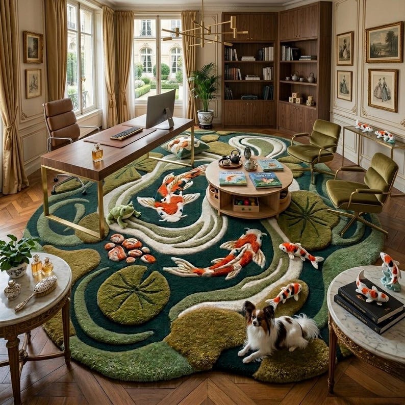 Puede incluir: Un lujoso espacio de oficina con una gran alfombra redonda con un dise&ntilde;o de estanque de carpas koi. La alfombra es predominantemente verde con detalladas carpas koi en tonos naranja y blanco. La habitaci&oacute;n incluye un escritorio de madera, sillas y un perro.