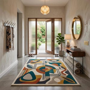 Midcentury-Teppich, türkis-orangefarbene Wollmischung, geometrischer Akzent für Eingangsbereiche und Wohnzimmer