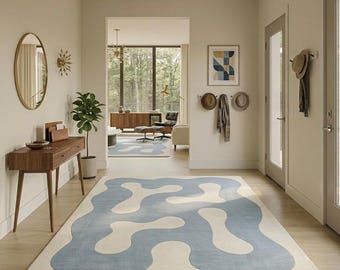 Wavy Rug, Blue and Cream Design for Mid Century Rooms, Hand Tufted Floor Decor