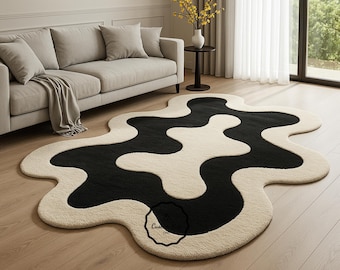 Irregular Shape Ivory and Black Amoeba Hand Tufted Area Rug for living Room , Bedroom, Kids Room ,8x10 ,9x12 , 10x14 , Runners and Large Rug