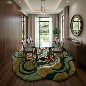 Puede incluir: Un comedor moderno con una mesa con tapa de cristal y sillas de madera. Una alfombra &uacute;nica con un dise&ntilde;o de estanque de carpas koi en tonos verdes, beige y naranja se encuentra debajo de la mesa. La habitaci&oacute;n tiene grandes ventanas, armarios de madera y un espejo decorativo.