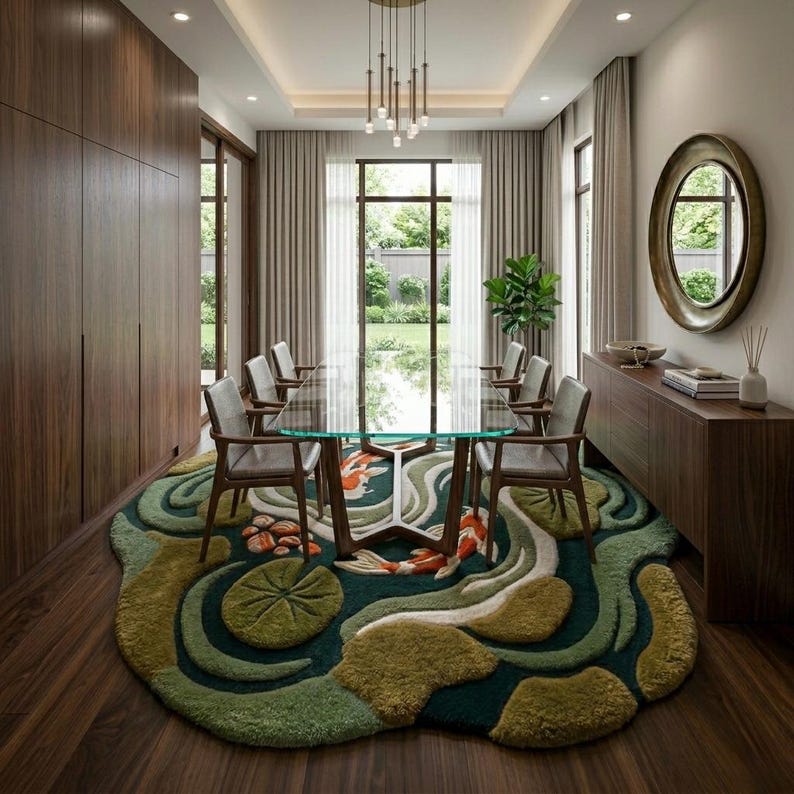 Puede incluir: Un comedor moderno con una mesa con tapa de cristal y sillas de madera. Una alfombra &uacute;nica con un dise&ntilde;o de estanque de carpas koi en tonos verdes, beige y naranja se encuentra debajo de la mesa. La habitaci&oacute;n tiene grandes ventanas, armarios de madera y un espejo decorativo.