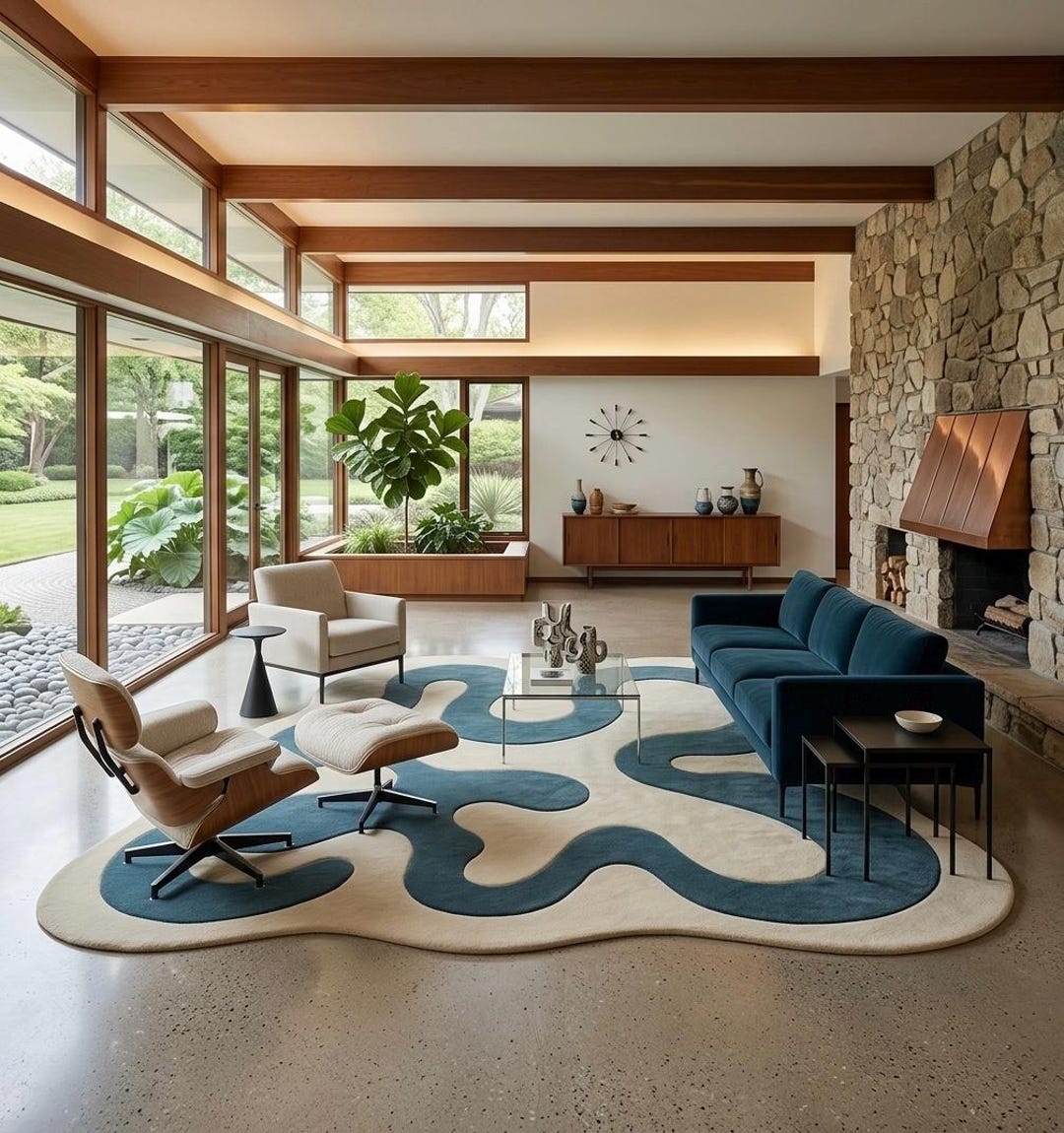 Amoeba Freeform MCM Style Sculptural Rug - Irregular Teal Abstract Area ...