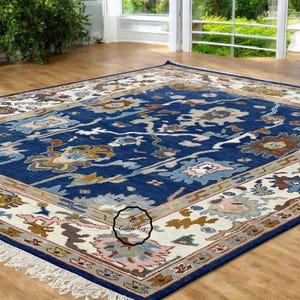 9X12 Blue And Ivory Rug, Oushak Rug With Ivory, Olive Green & Light Pink Motifs: Modern Coastal Comfort Area Rug 8x10 10x14 and 12x15