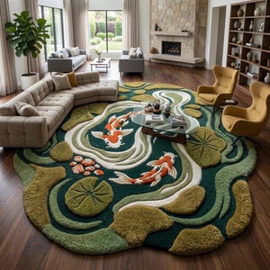 Puede incluir: Una alfombra grande y redonda con un dise&ntilde;o de estanque de carpas koi. La alfombra presenta un fondo verde oscuro con detalles blancos, verdes y beige. Dos carpas koi naranjas y blancas nadan en el estanque, rodeadas de nen&uacute;fares y plantas acu&aacute;ticas.