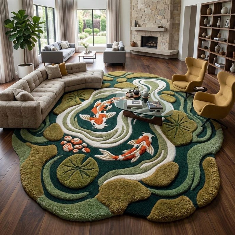 Puede incluir: Una alfombra grande y redonda con un dise&ntilde;o de estanque de carpas koi. La alfombra presenta un fondo verde oscuro con detalles blancos, verdes y beige. Dos carpas koi naranjas y blancas nadan en el estanque, rodeadas de nen&uacute;fares y plantas acu&aacute;ticas.