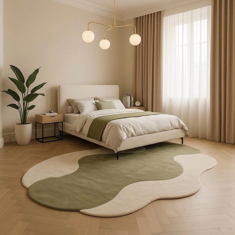 May include: A bedroom scene featuring a bed with a cream-colored headboard and bedding, accented with a green throw. A unique, organic-shaped rug in green and cream tones sits on the floor. A modern light fixture hangs above the bed.